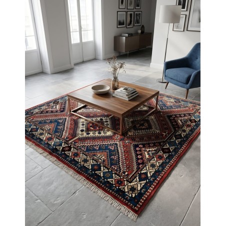Tappeto Persiano Yalameh Quadrato 153x153 cm - In Lana Annodato a Mano - Motivo Geometrico - Nuovo