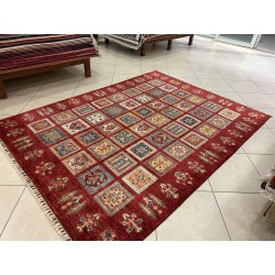 Tappeto Ziegler Moderno in Lana 238x175 cm - Nuovo, Design Geometrico a Quadri con Fondo Rosso
