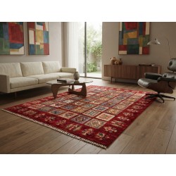 Tappeto Ziegler Moderno in Lana 238x175 cm - Nuovo, Design Geometrico a Quadri con Fondo Rosso