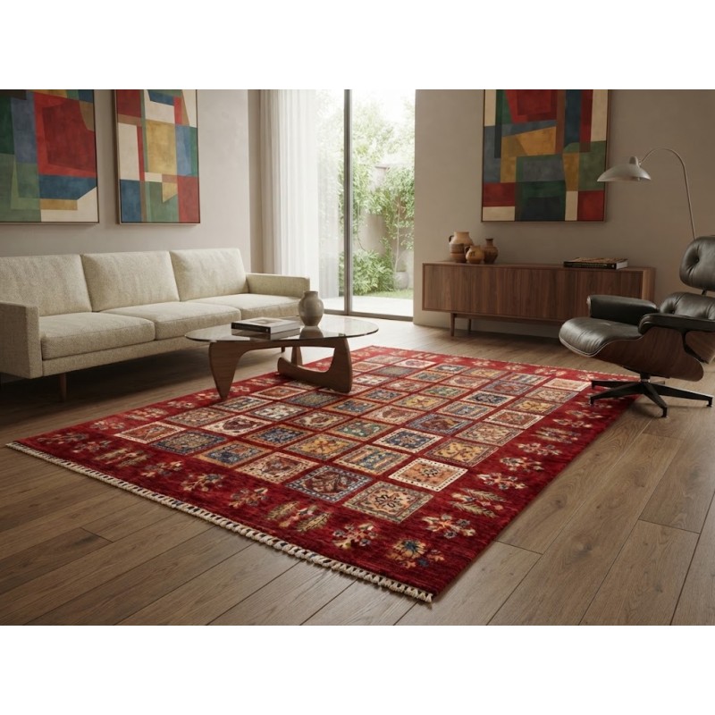 Tappeto Ziegler Moderno in Lana 238x175 cm - Nuovo, Design Geometrico a Quadri con Fondo Rosso
