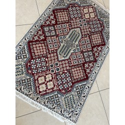 Tappeto Persiano Nain 9L "Geometrico" – 138x90 cm – Lana e Seta, Rosso Rubino e Panna