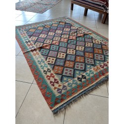 Tappeto Kilim Afgano Moderno Multicolor - Intessuto a Mano, Nuovo - 209x158 cm