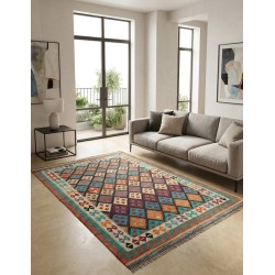 Tappeto Kilim Afgano Moderno Multicolor - Intessuto a Mano, Nuovo - 209x158 cm