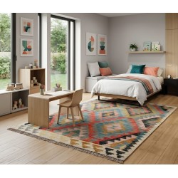Tappeto Kilim Afgano Moderno Multicolor - Intessuto a Mano, Nuovo - 194x098 cm