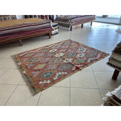 Kilim Afgano Moderno Artigianale In Lana - Motivo Geometrico Multicolor (200x157 cm) - Nuovo