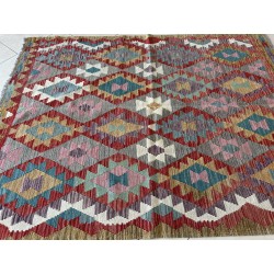 Kilim Afgano Moderno Artigianale In Lana - Motivo Geometrico Multicolor (200x157 cm) - Nuovo
