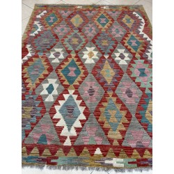 Kilim Afgano Moderno Artigianale In Lana - Motivo Geometrico Multicolor (200x157 cm) - Nuovo