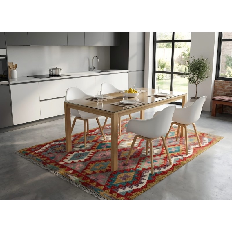 Kilim Afgano Moderno Artigianale In Lana - Motivo Geometrico Multicolor (200x157 cm) - Nuovo