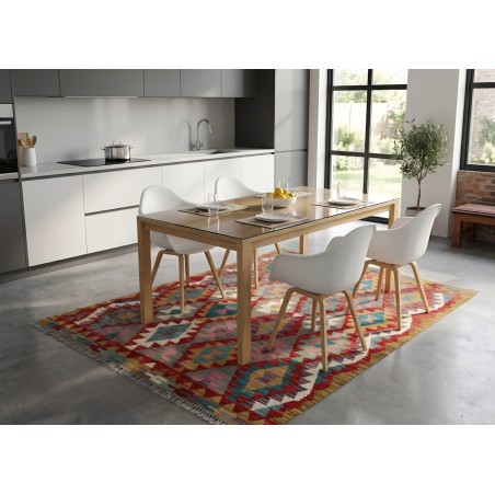 Kilim Afgano Moderno Artigianale In Lana - Motivo Geometrico Multicolor (200x157 cm) - Nuovo