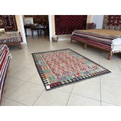Tappeto Kilim Afgano Moderno Multicolore 198x150 cm - Tessuto a Mano in Pura Lana (Nuovo)