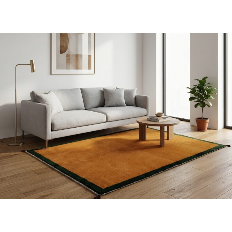 Tappeto Persiano Gabbeh Moderno Persiano – Giallo Ocra / Senape e Bordo Verde Scuro – 206 x 148 cm – Nuovo