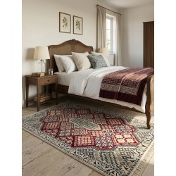 Tappeto Persiano Nain 9L "Geometrico" – 138x90 cm – Lana e Seta, Rosso Rubino e Panna