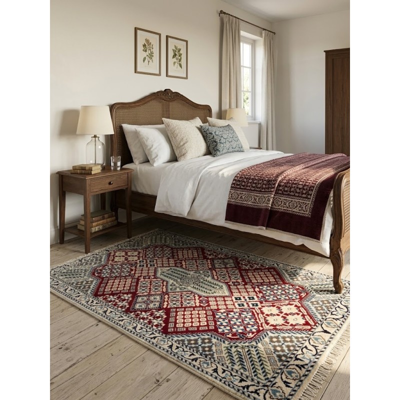 Tappeto Persiano Nain 9L "Geometrico" – 138x90 cm – Lana e Seta, Rosso Rubino e Panna